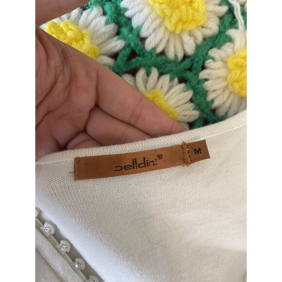 ⭐ 3/$15 Belldini Medium Cream Knit Ribbed Rhinestone Zipper Sweater - Picture 6 of 7